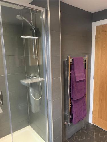 a shower with a glass door in a bathroom at **Luxury one bedroom flat** in Oxford