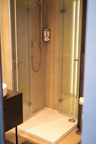 una ducha con puerta de cristal en un baño en Nørdika Charlevoix, en Baie-Saint-Paul
