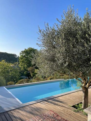 - une piscine avec un arbre à côté d'une terrasse en bois dans l'établissement Studio prkg priv campus techlid interpole, à Écully