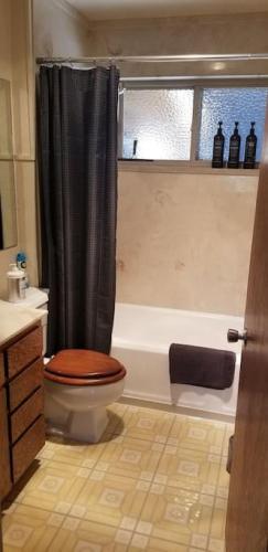 a bathroom with a toilet and a shower curtain at Mountain Life On Deck in Arnold