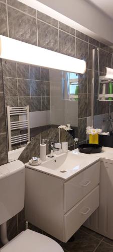 a bathroom with a sink and a toilet and a mirror at Sunflower apt in Timişoara