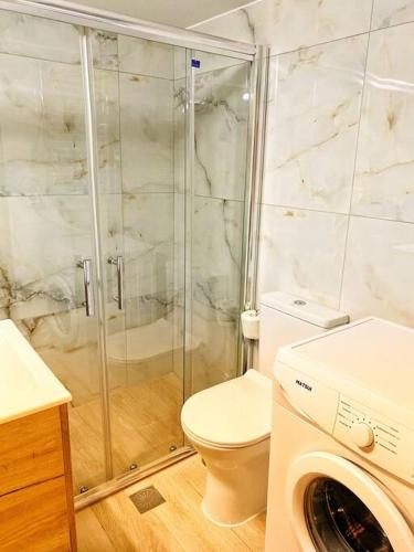 a bathroom with a shower and a toilet and a washer at Studio στην Καλλιθέα in Athens