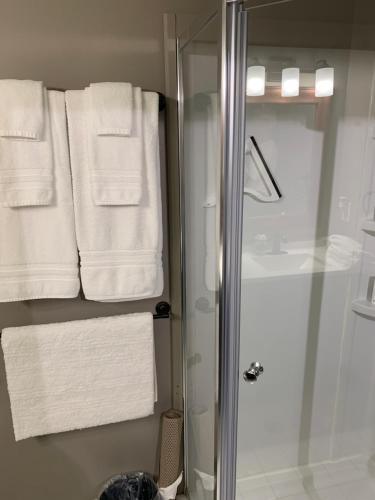 ein Bad mit einer Dusche und weißen Handtüchern in der Unterkunft Little Bit Country, Little Bit Rock & Roll in Kingston Springs