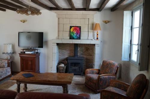 uma sala de estar com lareira e televisão em Gîte Aliénor en Anjou em Vernoil