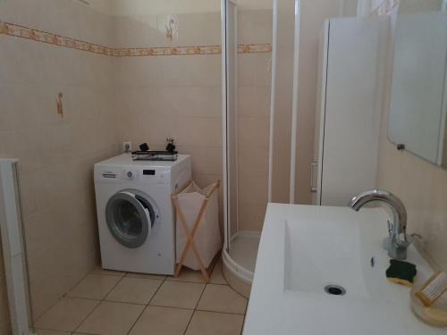 une salle de bain avec machine à laver et toilettes dans l'établissement Spacieux 80 m2 Cœur de Vichy proche des Thermes, à Vichy