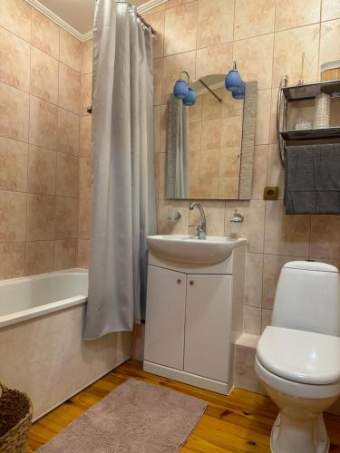 uma casa de banho com um lavatório, um WC e uma banheira em Viesu māja V.Seiles ielā em Rēzekne