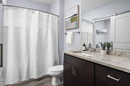 a bathroom with a white shower curtain and a toilet at CozySuites l Dream 1BR, Monument Circle, Indy in Indianapolis