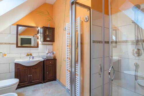 een badkamer met een douche, een wastafel en een toilet bij Schusterjunge Aparthotel Haus in Sasbachwalden