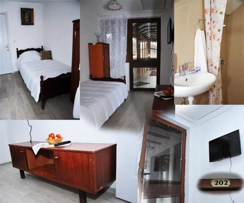 un collage di quattro immagini di una camera da letto e di un bagno di Etno kuca Petrovic a Štrpce