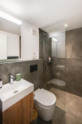 a bathroom with a toilet and a sink and a shower at Bijou Lake Side Sauna - Panorama-Terrasse, Sauna und Seeblick in Leissigen