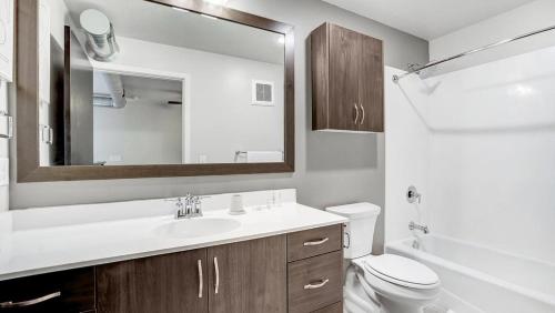 W łazience znajduje się umywalka, toaleta i lustro. w obiekcie Landing Modern Apartment with Amazing Amenities (ID1182X212) w mieście Saint Paul