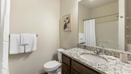 ein Badezimmer mit einem Waschbecken, einem WC und einem Spiegel in der Unterkunft Landing Modern Apartment with Amazing Amenities (ID1178X938) in Omaha