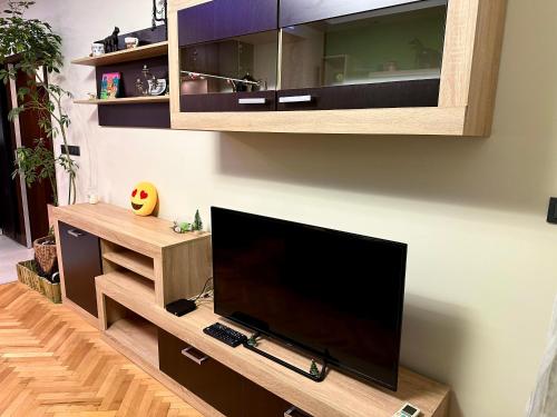 a flat screen tv sitting on top of a entertainment center at Luxury Oasis in absolute Center of Sofia in Sofia