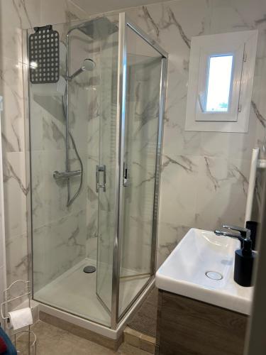 ein Bad mit einer Dusche und einem Waschbecken in der Unterkunft studio climatisé proche port et plages in La Londe-les-Maures