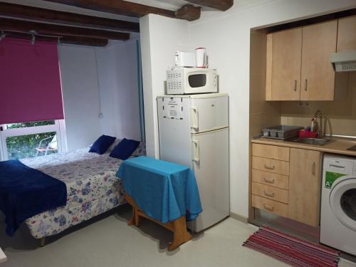 a small kitchen with a bed and a refrigerator at Estudio con balcon Plaza España in Barcelona