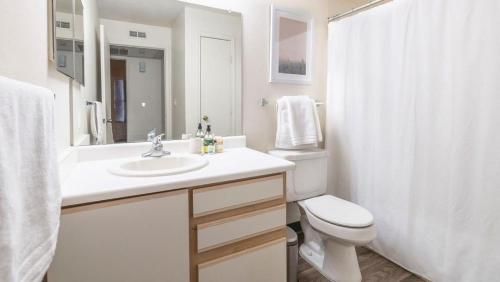 a white bathroom with a sink and a toilet at Landing - Modern Apartment with Amazing Amenities (ID7250X84) in Albuquerque