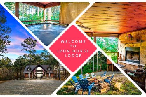 a collage of pictures of a home with a sign at Iron Horse Lodge sleeps 18, Games, Fire Pit, Hot Tub, EV, more in Broken Bow