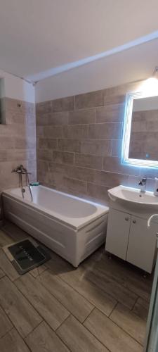 a bathroom with a white tub and a sink at Casă de vacanţă ,,La Vălucu" in Curtea de Argeş