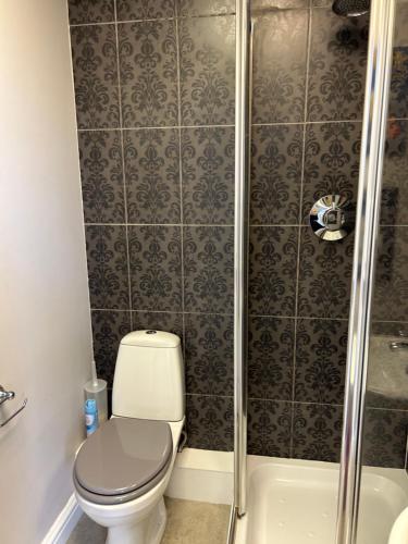 La salle de bains est pourvue d'une douche et de toilettes. dans l'établissement Glengarth house Room only accommodation, à Wells