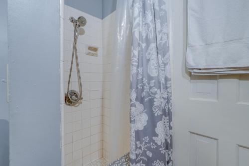 baño con ducha con cortina azul en Kalamazoo Vacation Rental Near Golf and Parks! en Kalamazoo