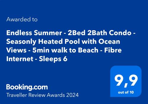 Sijil, anugerah, tanda atau dokumen lain yang dipamerkan di Endless Summer - 2Bed 2Bath Condo - Seasonly Heated Pool with Ocean Views - 5min walk to Beach - Fibre Internet - Sleeps 6