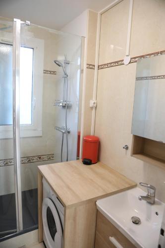 ein Badezimmer mit einer Waschmaschine und einem Waschbecken in der Unterkunft Warm, calm flat near Orly Airport and Paris Center !! in Antony