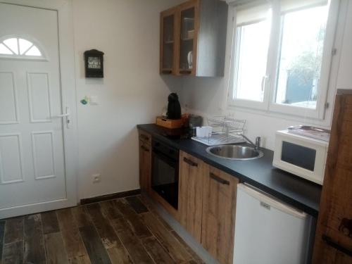 a kitchen with a sink and a microwave at Maison du causse in Magalas