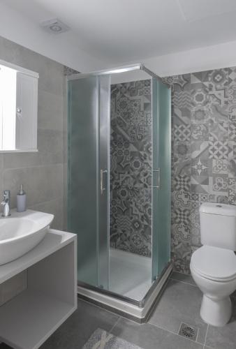 a bathroom with a shower and a toilet and a sink at Eva's House in Astypalaia