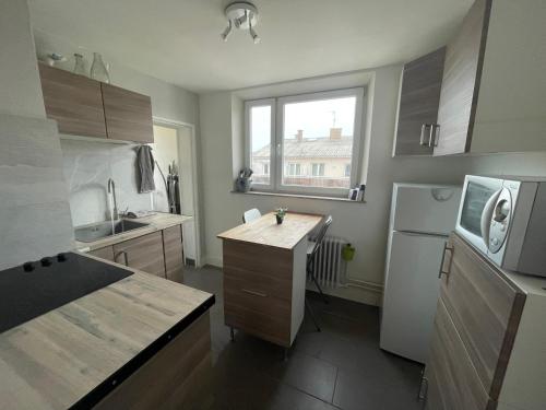 La cuisine est équipée d'un comptoir, d'un évier et d'un réfrigérateur. dans l'établissement #6 : 2 pièces dernier étage très calme 40m2, à Strasbourg