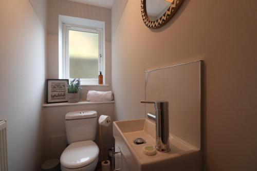 y baño con aseo, lavabo y espejo. en Queen Victoria House By MGroupSA en Tredegar