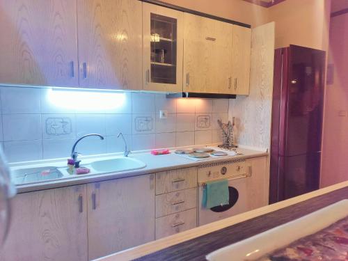 a kitchen with a sink and a refrigerator at CastleView 2BR Spacious Apartment with City View in Thessaloniki