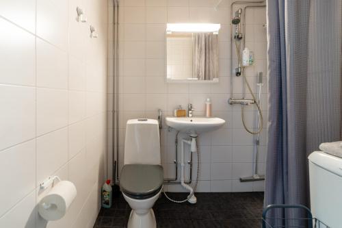 a bathroom with a toilet and a sink at Studio: Alex’s secret! in Pori
