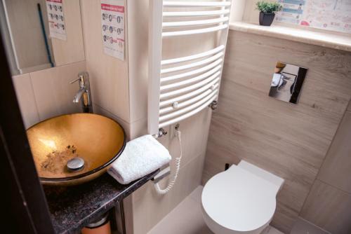 a bathroom with a sink and a toilet at Apartamenty Riffe 99 m od najpiękniejszej plaży w Polsce in Rewa