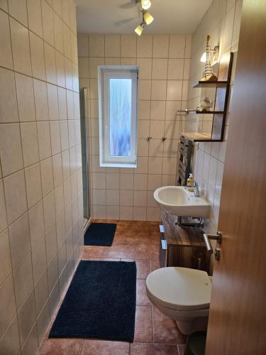 a bathroom with a sink and a toilet and a window at Ferienwohnung Ostsee und Strand in Ribnitz-Damgarten