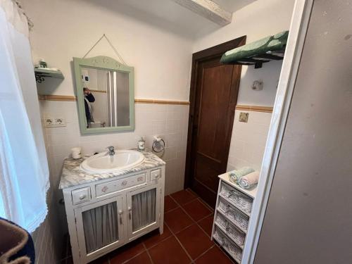 uma casa de banho com um lavatório e um espelho em CASA RURAL EN GRANADA CON CHIMENEA, PISCINA PRIVADA Y BARBACOA LA CASITA DE TóZAR em Tózar