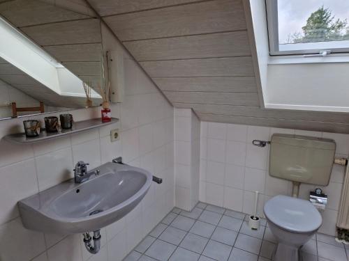 ein Bad mit einem Waschbecken und einem WC in der Unterkunft Ferienhaus im Seepark von Kirchheim in Kirchheim