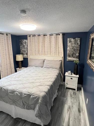 a bedroom with a large bed and blue walls at Entire level just off Interstate, free breakfast in Fargo