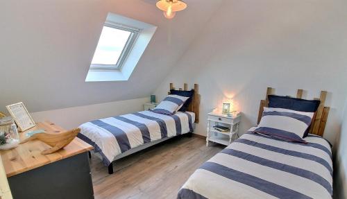 Un dormitorio con dos camas y una ventana. en La Belle Paimpolaise, en Paimpol