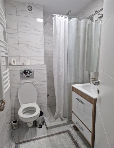 a white bathroom with a toilet and a shower at Stan na dan Beograd in Mirijevo