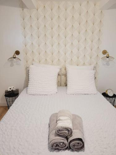 - un lit avec 2 serviettes et 2 oreillers dans l'établissement Le petit Bédier, à Angers