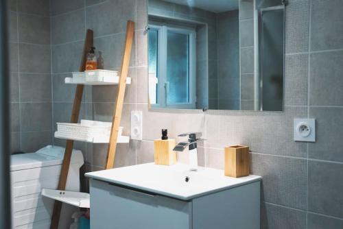 une salle de bain avec un lavabo et un miroir dans l'établissement Le petit Bédier, à Angers