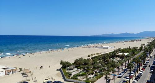 une plage avec beaucoup de monde et l'océan dans l'établissement Grand appartement standing front de mer 90 m2, à Canet