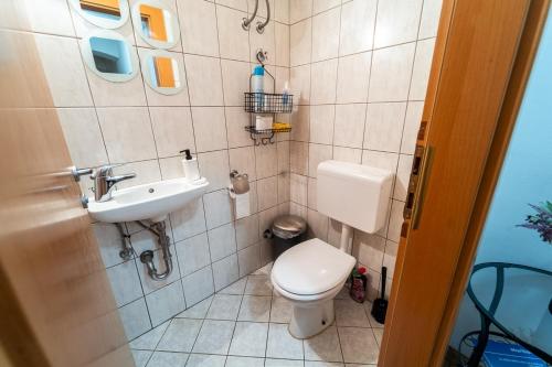 Baño pequeño con aseo y lavamanos en Anna House, en Maribor