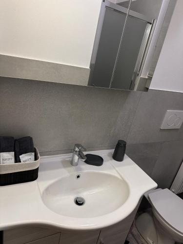a bathroom with a sink and a toilet and a mirror at ROMA HOME in Udine