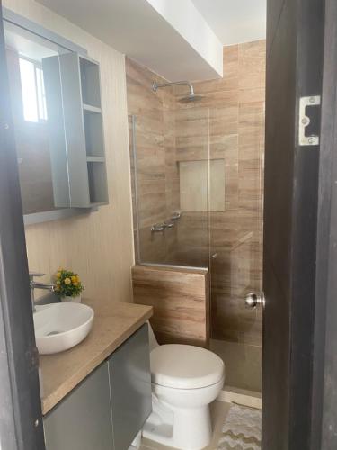 y baño con aseo, lavabo y ducha. en Apartamento norte Barranquilla 2 habitaciones en Barranquilla