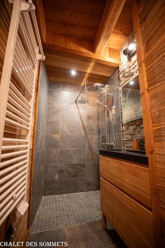 une salle de bain avec une douche avec une porte vitrée dans l'établissement Le Chalet des Sommets à Briançon, à Puy-Saint-Pierre