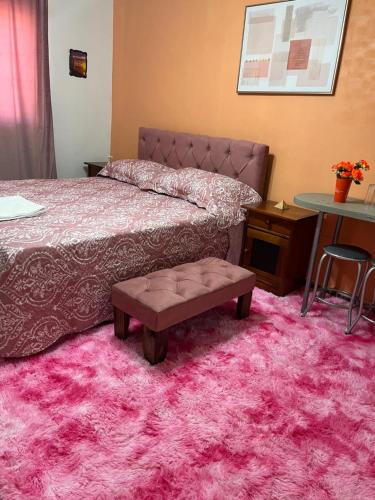 1 dormitorio con cama y alfombra rosa en Amanda, en Calama