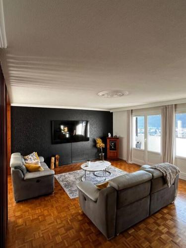 un salon avec un canapé et une table dans l'établissement Appartement 4 couchages centre-ville, à Albertville