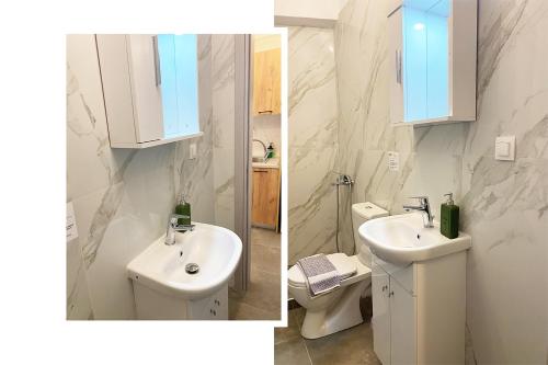two pictures of a bathroom with a sink and a toilet at Brand new studios Η1-Η2-Η3 in Larisa