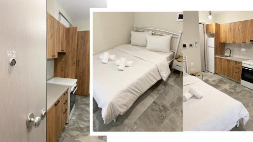 two pictures of a bedroom with a bed and a kitchen at Brand new studios Η1-Η2-Η3 in Larisa